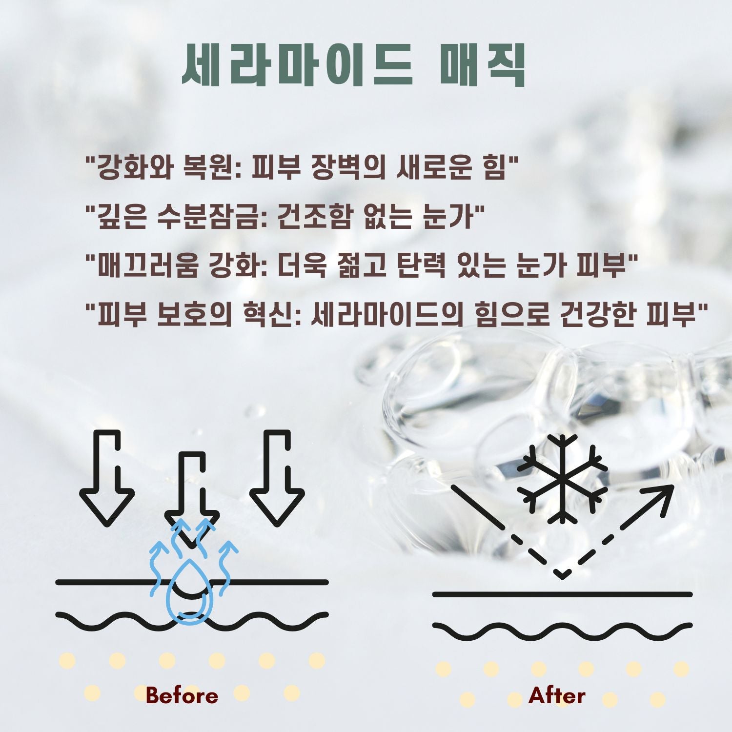 • 피부 장벽 강화: 5종 세라마이드가 피부 보호막을 강화하고 수분을 유지시킵니다.